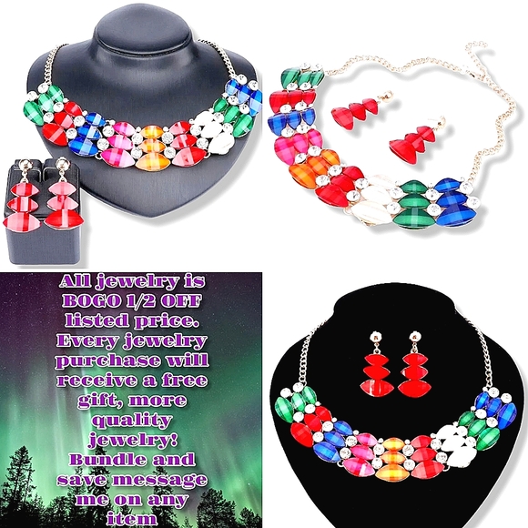 18K gold plated crystal rainbow double stacked necklace earrings set. - Picture 2 of 11